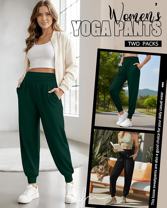 2 Pack Women's Yoga Joggers, Cozy Sweatpants with Pockets Casual Loose Comfy High Waisted Lounge Pants