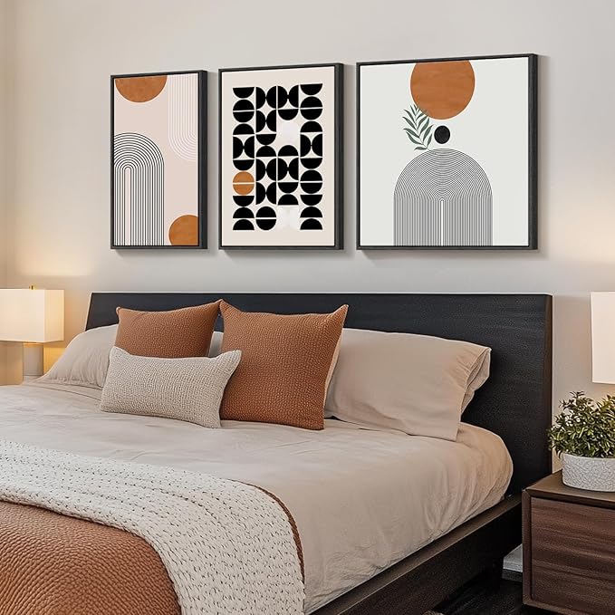 Framed Orange Abstract Wall Art for Living Room, Boho 3 Piece Large Black and White Geometric Canvas Painting Prints, Minimalist Botanical Sun Artworks for Bedroom Hallway Office Wall Decor