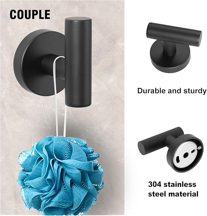 5-Piece Towel Racks for Bathroom, Stainless Steel Bathroom Accessories Set, Bathroom Towel Holder Wall Mounted, Sturdy Bath Towel Bar Set Bathroom Hardware Set (Matte Black, 2 Pillar Paper Holder)