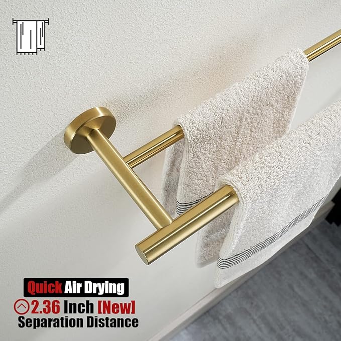 JQK Double Towel Bar 20.5 Inch, Brushed Gold Useable 18 Inch 304 Stainless Steel Thicken 0.8mm Towel Rack Bathroom, Towel Holder Wall Mount, TB100L18-BG