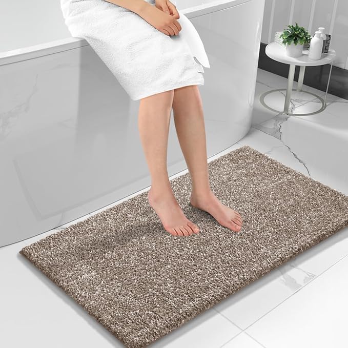 Yimobra Long Bathroom Rug Non Slip Washable, Soft Absorbent Microfiber Bath Mat, Dual-Tone Decor Rug with Rubber Backing for Bathroom Floor,Tub and Shower,47x24,Home Essentials,Brown and White