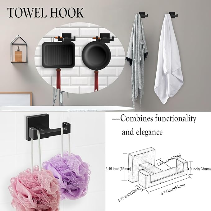 BOZWELL 5 Pieces Matte Black Bathroom Hardware Accessories Set Square Towel Racks for Bathroom 23.6 inch Stainless Steel Towel Bar Set Wall Mounted Towel and TP Set