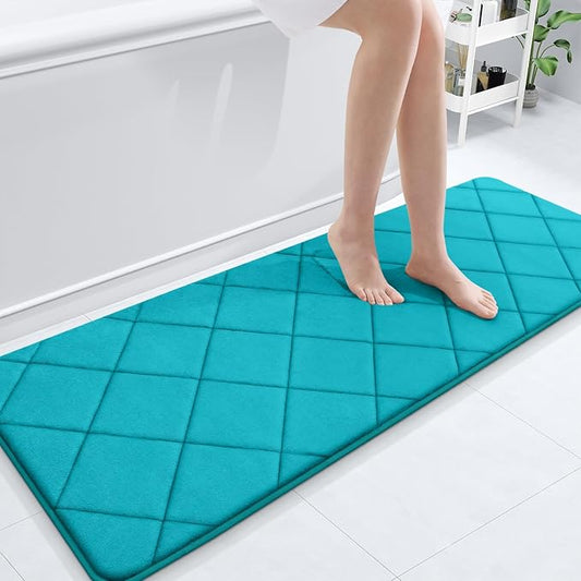 OLANLY Memory Foam Bath Mat 59x20, Ultra Soft and Absorbent Bathroom Rugs, Machine Washable, Comfortable Bath Carpet for Bathroom Floor, Tub and Shower, Teal