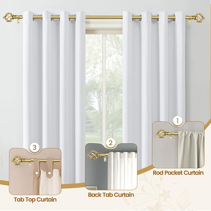 KAMANINA Gold Curtain Rods for Windows 72 to 144 Inch, Long Curtain Rod 32 to 144 Inches (2.6-12ft), 6/8 In Splicing Adjustable Single Drapery Rod with Twisted Cage Finial