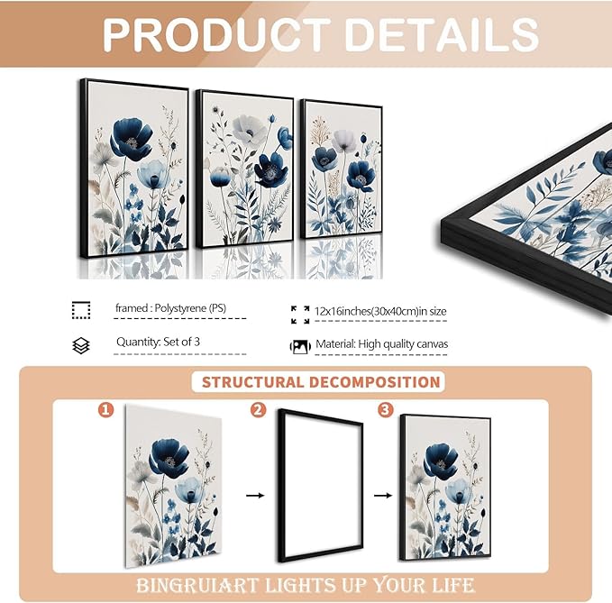 BingruiArt Navy Blue Wall Art Canvas Abstract Floral Painting Blue and Gray Posters Flower Decor Wildflower Pictures Botanical Prints for Living Room Bedroom Bathroom 3 Pcs 12"x16" Black Framed