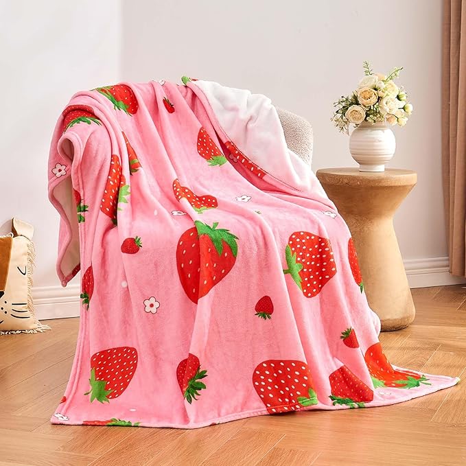 Wajade Kids Pink Strawberry Throw Blanket for Girls Teens Women Soft Fuzzy Flannel Bed Blanket for Kids Adults Plush Christmas Birthday Gifts 60”x80”