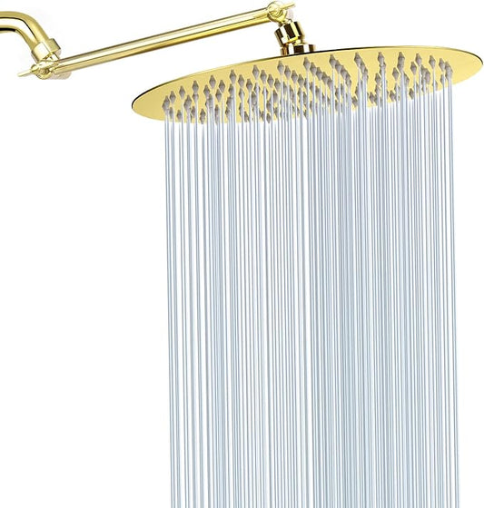 NearMoon Rain Shower Head with 11'' Adjustable Arm, High Pressure Stainless Steel Rainfall Shower, Ultra-Thin Design - Pressure Boosting (12 Inch, Gold)