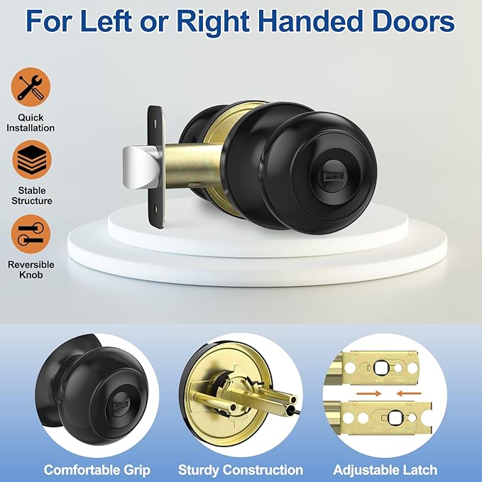 Black Door Knobs Interior Keyless Knob, Privacy Door Knob with Lock, 5 Pack Door Locks for Bedrooms Bathroom, Reversible for Left/Right Door Handle