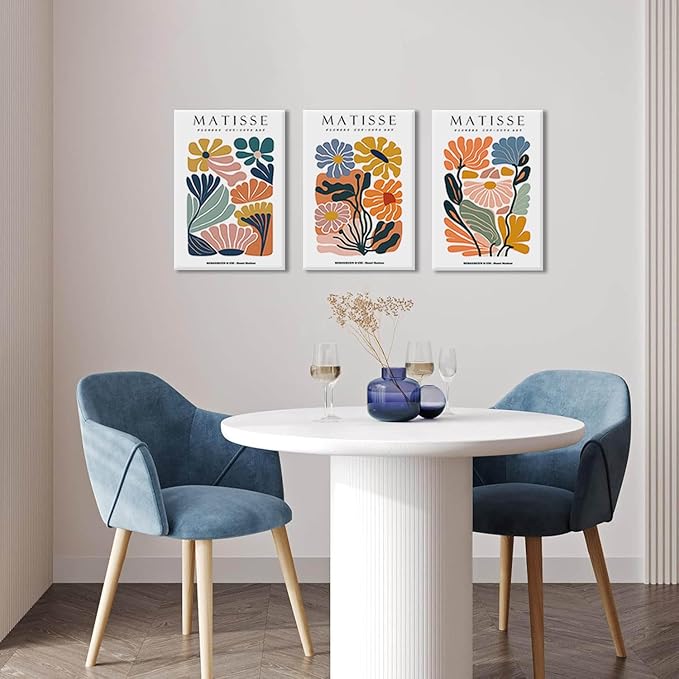 3Pcs Framed 16x24in Matisse Wall Art Canvas Colorful Boho Flower Posters Abstract Pictures Minimalist Plant Leaves Painting Prints Decor Aesthetic for Living Room Bedroom Dorm