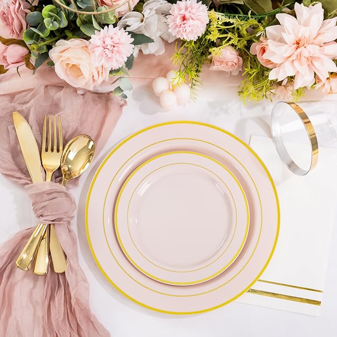 GATHER 350PCS Pink Plastic Plates - Disposable Plastic Dinnerware Set Include 100 Pink Plates, 150 Silverware, 50 Napkins, 50 Cups for Party & Wedding