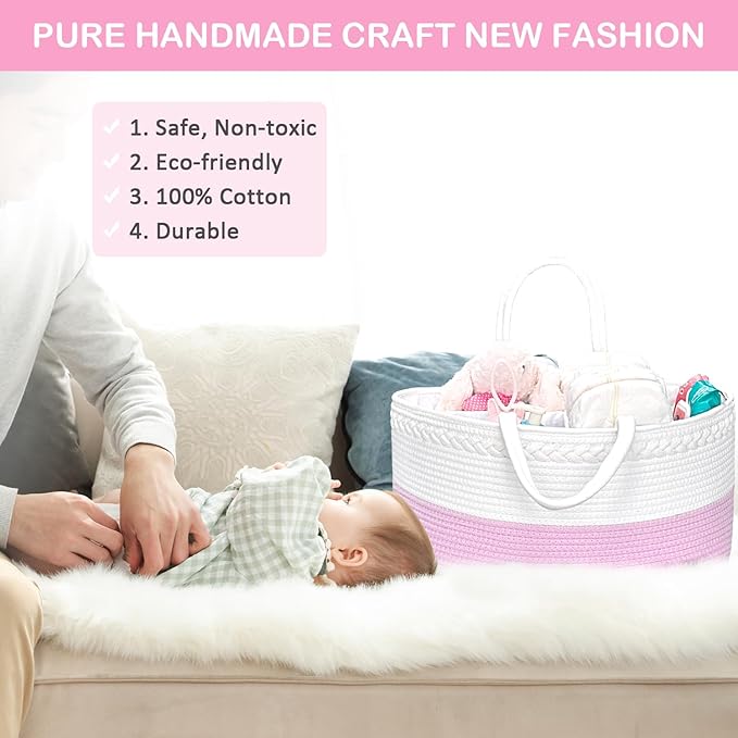 ABenkle Boho Chic Diaper Caddy Organizer, Cotton Rope Nursery Baby Basket, Changing Table Organizer for Baby Diaper Storage, Unisex