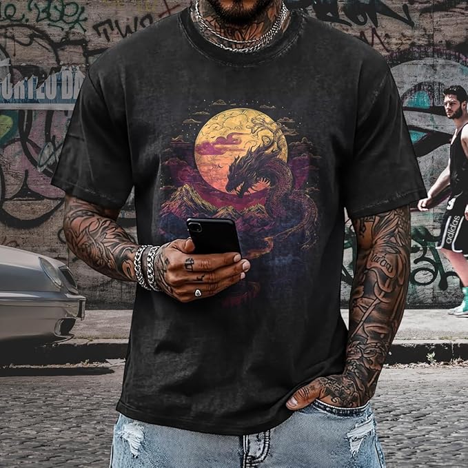 Mens Dragon Grpahic T-Shirts Short Sleeve 100% Cotton Crewneck Big and Tall Outdoor Summer Quick Dry Undershirts