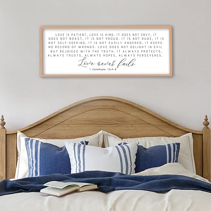 Love is Patient Kind Sign Wall Art 40"X15" 1 Corinthians 13 Bible Verse for Bedroom Above Over Bed Christianity Large Wood Framed Wall Hanging Decor (Wood）