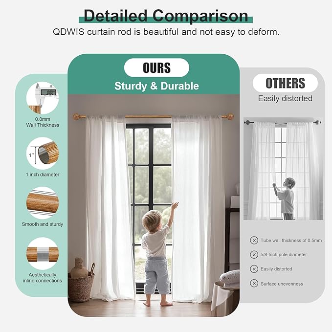 Boho Wood Curtain Rods for Windows 28 to 48 inch,1" Adjustable Heavy Duty Window Curtain Rod with Imitation Wood Grain Finials,Rustic Decorative Drapery Rods Set,Size:18-60'',Natural Wood