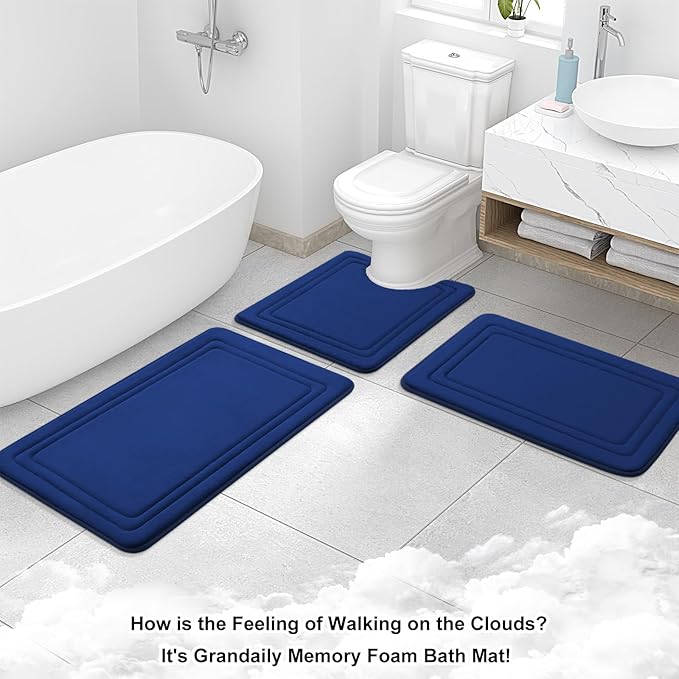 Grandaily Memory Foam Bath Mat Rug 47x24, Ultra Soft, Non-Slip and Absorbent Bathroom Rugs, Machine Wash Dry, Comfortable Bath Carpet for Bathroom Floor, Tub and Shower, Navy Blue