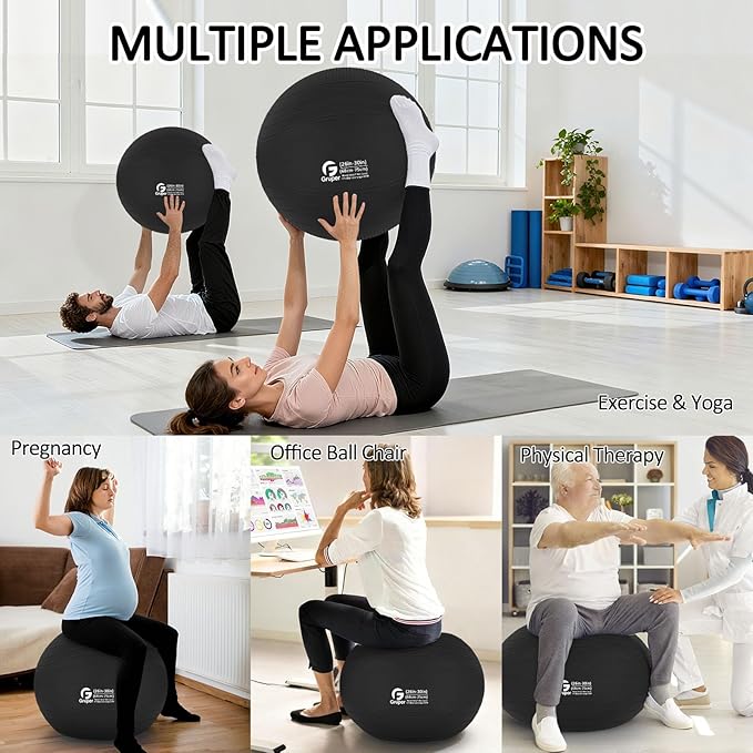 Gruper Yoga Ball, Multiple Sizes Non Slip Exercise Ball for Workout, Birthing, Balance, Stability, Pregnancy, 2200LB Capacity, Anti Burst Chair for Home and Office, Includes Quick Pump & Fitness Guide