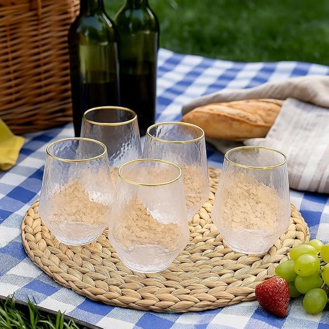 Oojami 40 count Diamond Unbreakable Stemless Plastic Wine Champagne Whiskey Glasses Elegant Durable Disposable Indoor Outdoor Ideal for Home, Office, Bars, Wedding, 12 Ounce Cups (Hammered Gold Rim)
