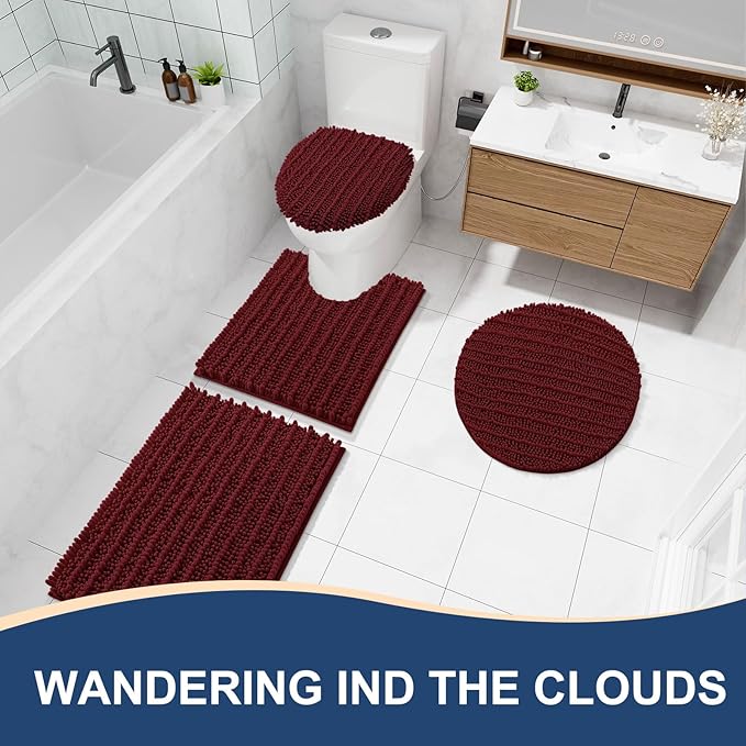 Arotive Luxury Chenille Bathroom Rug Mat, Extra Soft Thick Absorbent Shaggy Bath Rugs, Non-Slip Machine Wash Dry, Plush Bath Mats for Bathroom, Shower and Tub, 60x24, Burgundy