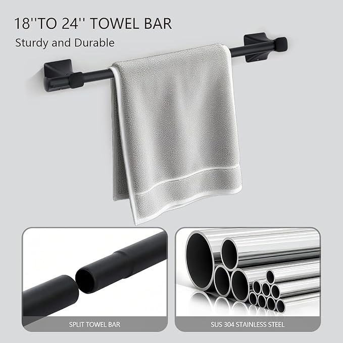 5 Piece Bathroom Hardware Accessories Set, SUS304 Stainless Steel Bath Towel Bar Set, 24 Inch Towel Racks for Bathroom Wall Mounted, Bath Towel Holder Set, Matte Black