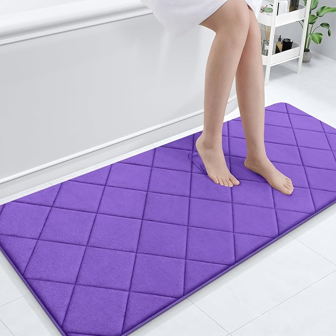 OLANLY Memory Foam Bath Mat 59x24, Ultra Soft and Absorbent Bathroom Rugs, Machine Washable, Comfortable Bath Carpet for Bathroom Floor, Tub and Shower, Purple
