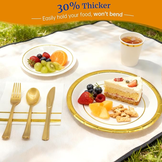 AIRE 350PCS White Gold Paper Plates Party Supplies Dinnerware Sets for 50 Guests, Disposable Paper Party Plates Napkins, Gold Plastic Forks Knives Spoons Cups for Wedding Birthday BBQ Parties