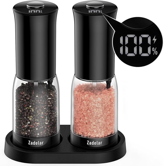 Electric Salt and Pepper Grinder Set with LED Power Display,Larger Capacity Salt and Pepper Shakers Set Rechargeable Electric with Flexible Coarsenes,LED Light,One Hand Operation for Kitchen