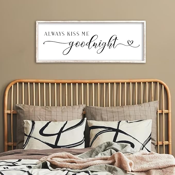 Always Kiss Me Goodnight Sign Wall Decor 40"X15" Master Bedroom Above Bed Large Wooden Framed for Couples Over Bed Wall Hanging Art (White)