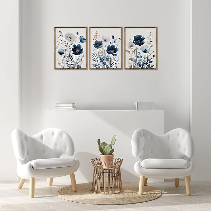 BingruiArt Navy Blue Wall Art Canvas Abstract Floral Painting Blue and Gray Posters Flower Decor Wildflower Pictures Botanical Prints for Living Room Bedroom Bathroom 3 Pcs 12"x16" Natural Framed