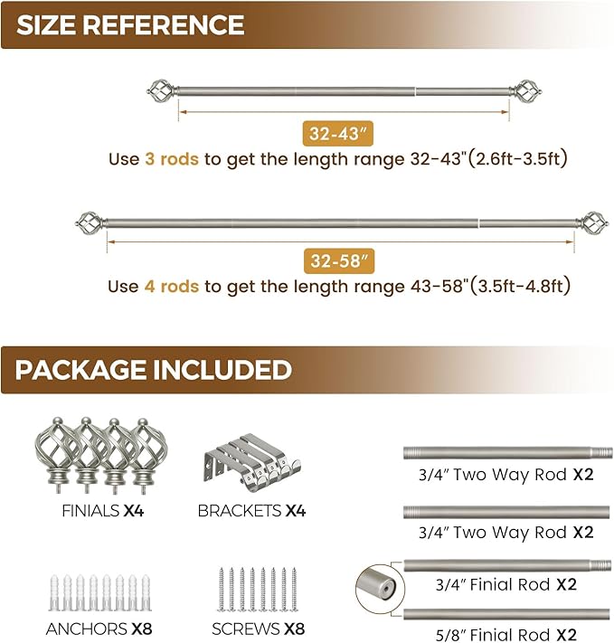 KAMANINA 2 Pack Curtain Rods 32 to 58 Inches (2.6-4.8ft), 3/4 Inch Curtain Rods for Windows Splicing Adjustable Single Drapery Rod with Twisted Cage Finial, for Indoor and Outdoor, Antique Silver
