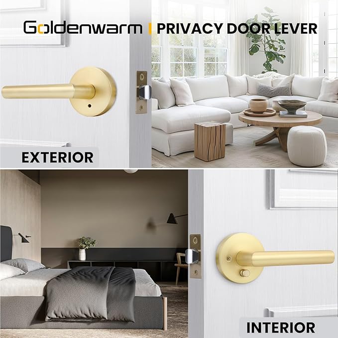 Goldenwarm Gold Door Handles Interior, Privacy Brushed Brass Interior Door Handles, Heavy Duty Zinc Alloy Brushed Gold Door Lever for Bedroom and Bathroom (1 Pack)