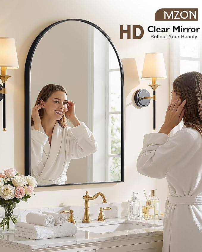 MZON 16 * 24 Inch Arched Black Mirror, Arched Bathroom Mirror, Arch Mirrors for Wall, Vanity, Entryway&Livingroom, Metal Frame&Tempered Glass, Anti-Rust, Modern Home Decor