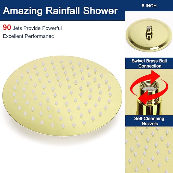 NearMoon Rain Shower Head with 11'' Adjustable Arm, High Pressure Stainless Steel Rainfall Shower, Ultra-Thin Design - Pressure Boosting (8 Inch, Gold)