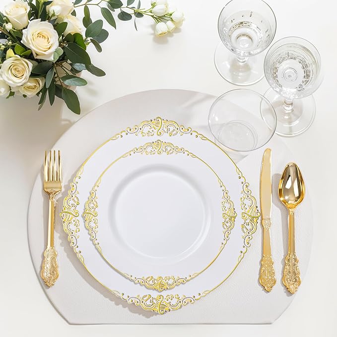 Nervure 175PCS White and Gold Plastic Plates - Disposable Dinnerware Set Include 50 Gold Plates for Dinner and Dessert, 75 Cutlery, 25Cups 25Napkins for Wedding & Party & Thanksgiving