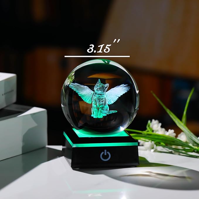Qianwei Cat Memorial Angel Statue - 3D Crystal Engraved Office Decor - Remembrance Bereavement Sympathy Gift in Memory of Deceased Pets