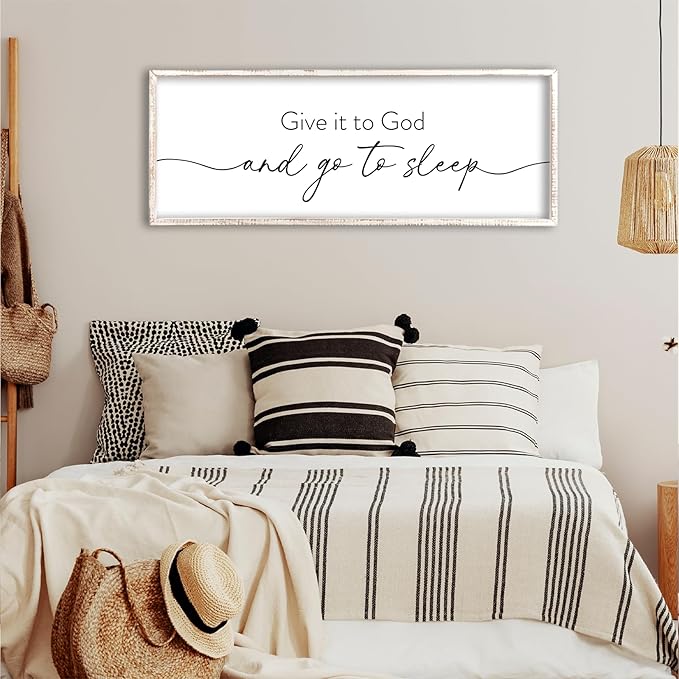 Give It To God And Go to Sleep Wall Decor 40"X15" Master Bedroom Above Bed Large Wood Framed Sign Rustic Guest Room Over Bed Wall Hanging Art (White)