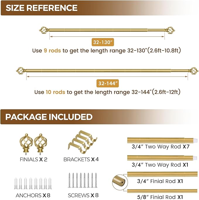 KAMANINA Gold Curtain Rods for Windows 72 to 144 Inch, Long Curtain Rod 32 to 144 Inches (2.6-12ft), 6/8 In Splicing Adjustable Single Drapery Rod with Twisted Cage Finial