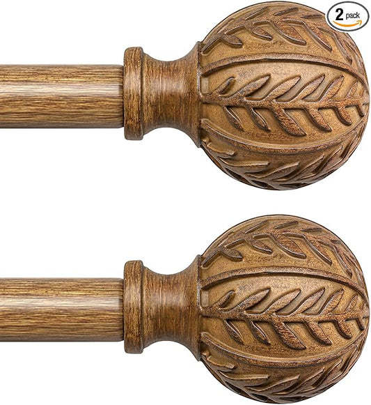 2 Pack Boho Wood Curtain Rods for Windows 48 to 84 inch,1" Adjustable Heavy Duty Window Curtain Rod with Imitation Wood Grain Finials,Rustic Decorative Drapery Rods Set 36-88'',Natural Wood