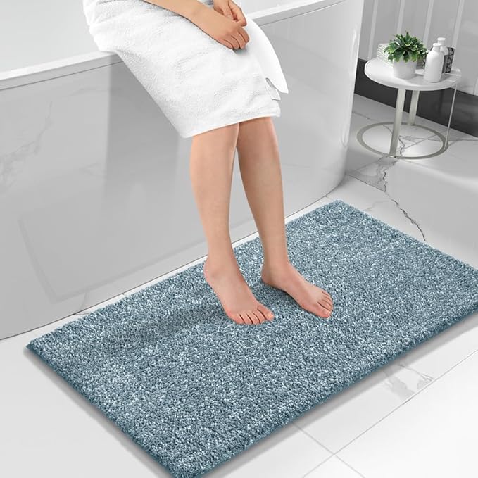 Yimobra Long Bathroom Rug Non Slip Washable, Soft Absorbent Microfiber Bath Mat, Dual-Tone Decor Rug with Rubber Backing for Bathroom Floor,Tub and Shower,47x24,Home Essentials,Denim Blue