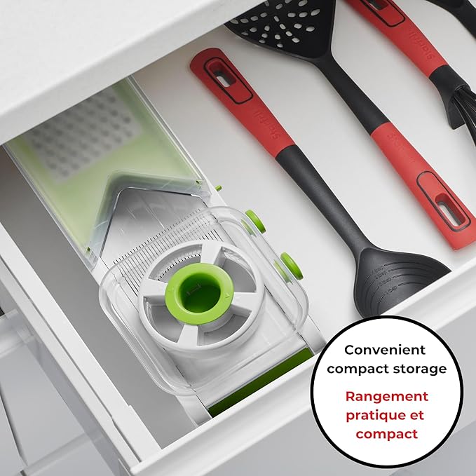 Starfrit Cubing Pro Mandoline Slicer, Dicer - 4 Blades & Graters with Storage Box - Straight & Crinkle V-Blades, Fine & Coarse Graters - 10 Thickness Settings, 3 Julienne Sizes - Self-Feeding Pusher