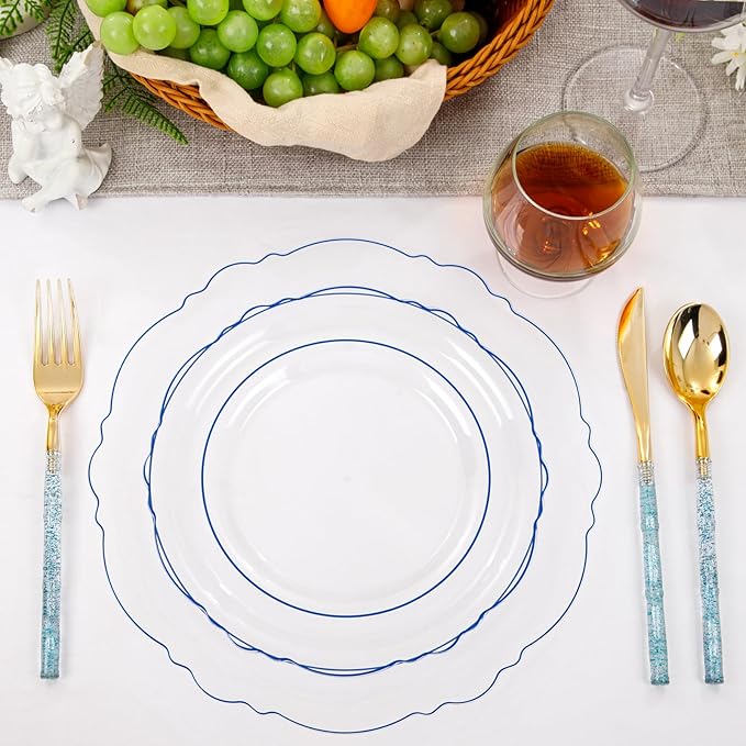 Liacere 150PCS Clear and Blue Plastic Plates-Clear and Blue Disposable Plates with Glitter Bamboo Handle Cutlery-60 Baroque Elegant Plates, 30 Forks, 30 Spoons, 30 Knives for Wedding＆Christmas