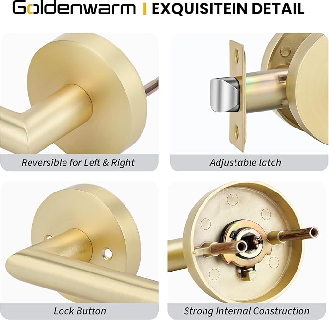 Goldenwarm Gold Closet Door Handles Interior, Brushed Brass Interior Passage Door Handles, Heavy Duty Zinc Alloy Brushed Gold Door Lever for Hall and Closet (1 Pack)