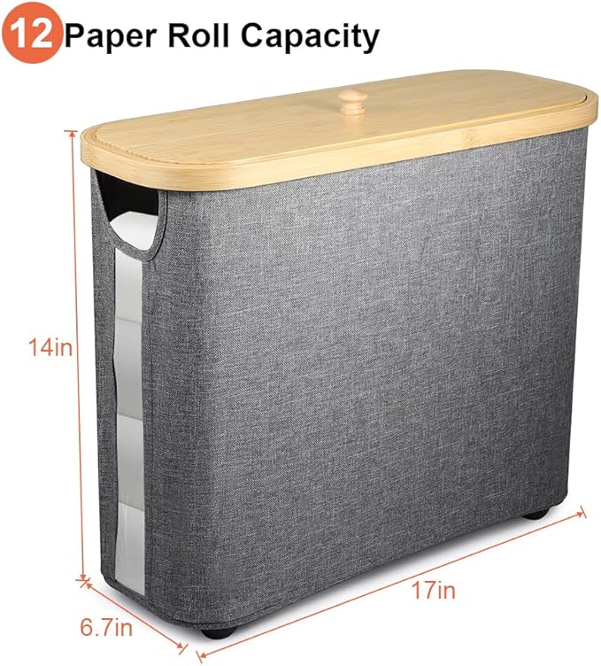 Picowe Toilet Paper Organizer Basket, Grey, Holds 9-12 Rolls, With Lid and Handle, Foldable, Multi-Purpose Storage for Bathroom