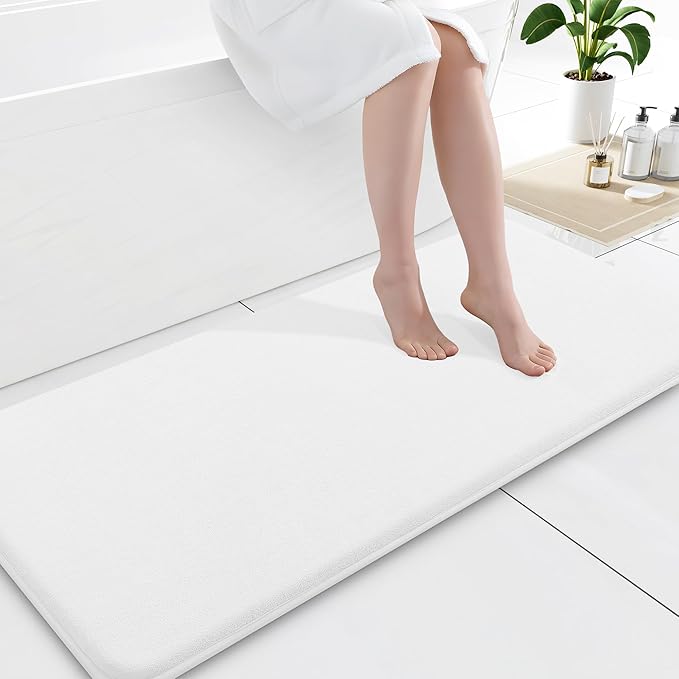 Smiry Memory Foam Bath Mat 59x20, Extra Soft and Absorbent Bathroom Mats, Non Slip Washable Carpet for Floor, Shower and Tub, White