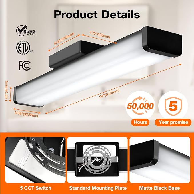 LEDVANCE Sylvania 24" Modern Vanity Lights for Bathroom, 22W, 5 Temperature Select (2700K/3000K/3500K/4000K/6000K), Dimmable, Square Shape, Black, with Accessories - 1 Pack (66556)