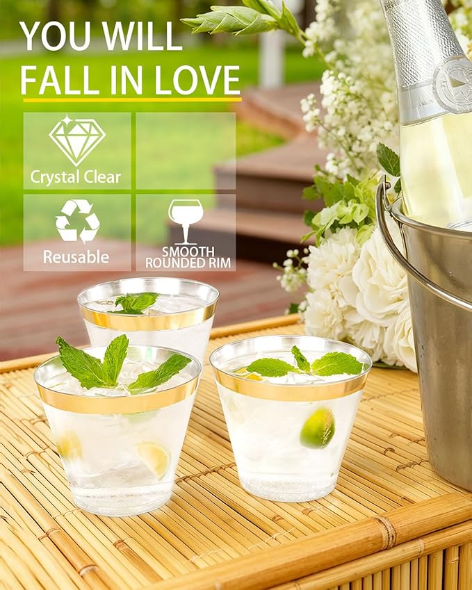 Ciaell 300PCS Gold Plastic Cups - 9Oz Heavy Duty Plastic Cups - Gold Rimmed Disposable Cup - Disposable Clear Wine Cup with Gold Rim for Party & Wedding & Christmas & New Year