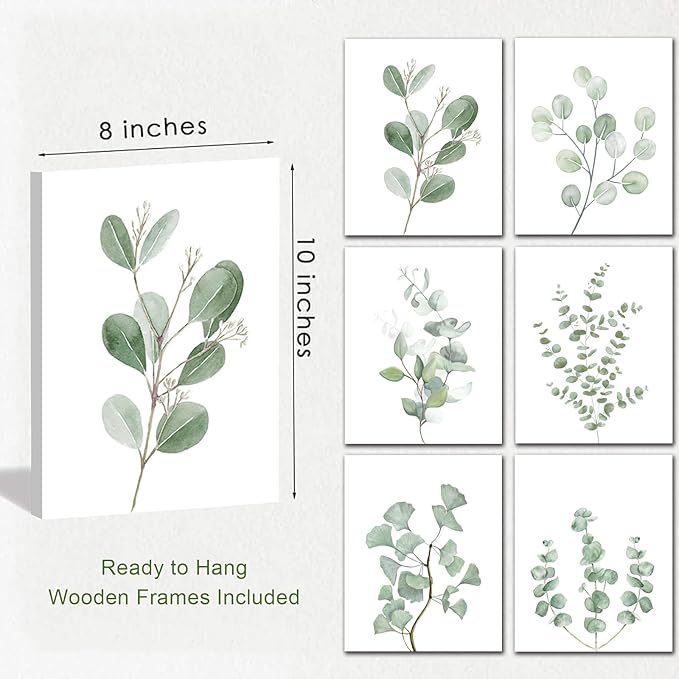 FRAMED Botanical Plant Canvas Wall Art, Boho Plant Wall Decor Minimalist Floral Wall Decor Light Green Botanical Wall Art for Bedroom Living Room Bathroom Office (Set of 6, 8x10 inch, Framed)