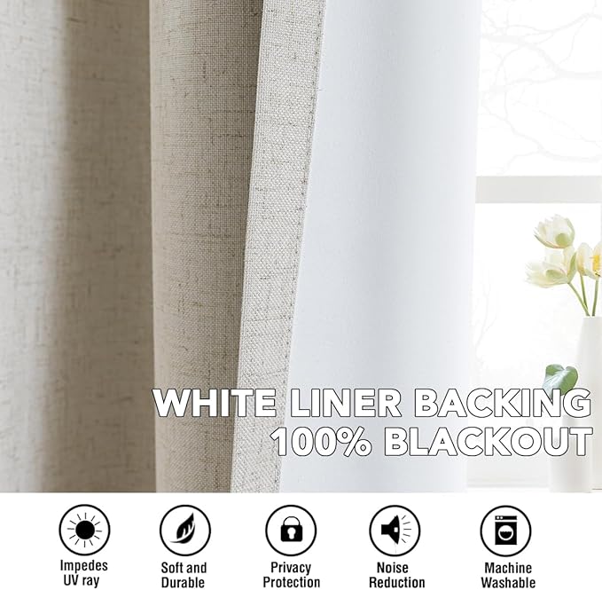 H.VERSAILTEX Linen Curtains 100% Blackout Curtains for Bedroom 84 inch Long Full Light Blocking Nature Linen Blended Window Curtains for Living Room Nickel Grommet (2 Panels, Heathered Linen)