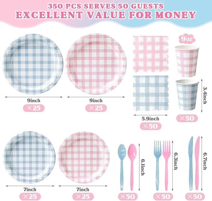 Vyntra 350 PCS Pink & Blue Gingham Party Supplies, Disposable 7 & 9 In Plates and Napkins, Cups, Knives, Forks, Spoons for Gender Reveal, Baby Shower, Birthday (Pink and Blue, Serves 50)