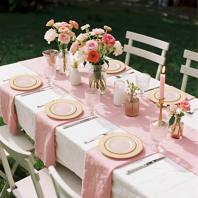 GATHER 350PCS Pink Plastic Plates - Disposable Plastic Dinnerware Set Include 100 Pink Plates, 150 Silverware, 50 Napkins, 50 Cups for Party & Wedding