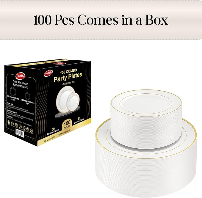 Neatiffy100 Pcs Gold Rim Plastic Dinnerware Set (50 Guest) | 50 x (Dinner Plate, Dessert Plate) | For Wedding, Luxurious Party, Special Event